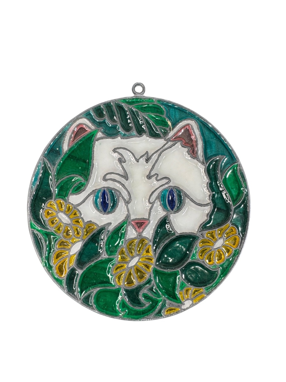 Vintage Handmade Faux Stained Glass Cat Suncatcher White Cat